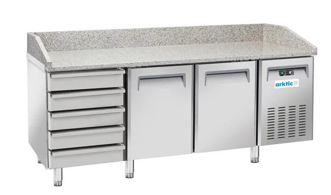 Stół chłodniczy do pizzy 2-drzwiowy z 5 szufladami i blatem granitowym, Arktic, 362L, srebrny, 220-240V/210W, 2025x800x(H)1040mm Wariant podstawowy