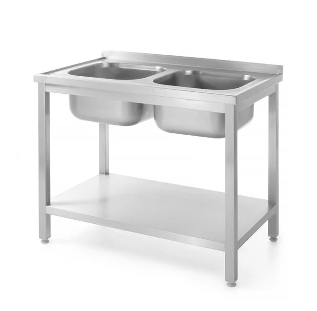 Stół z dwoma zlewami , z półką - skręcany, HENDI, Kitchen Line, Lokalizacja komory - pośrodku, 1000x700x(H)850 mm, 1000x700x(H)850mm Wariant podstawowy