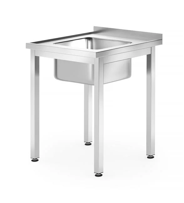 Stół ze zlewem 1-komorowym – skręcany, głębokość 600 mm, HENDI, Kitchen Line, Lokalizacja komory - pośrodku, 600x600x(H)850mm Wariant podstawowy